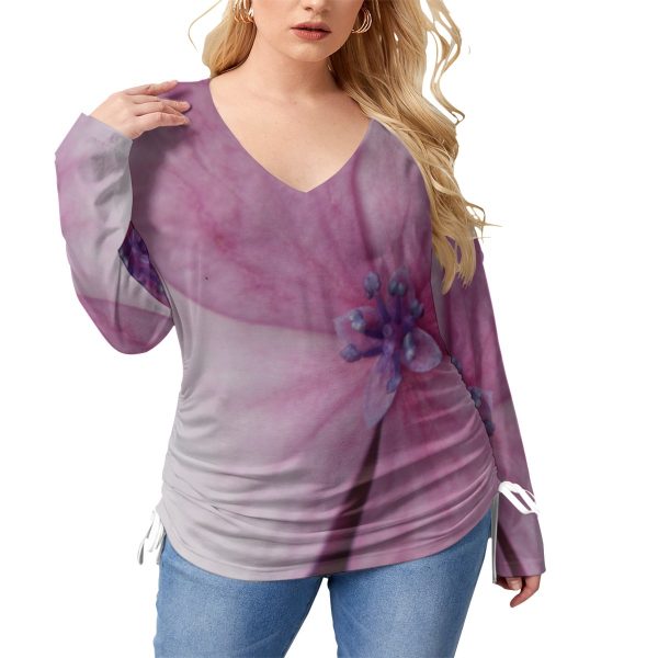 All-Over Print Women’s V-neck T-shirt With Side Drawstring(Plus Size)