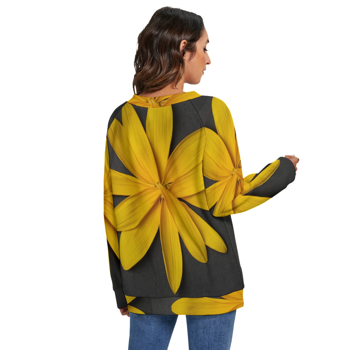 All-Over Print Women's V-neck Imitation Knitted Swteater With Long Sleeve - Image 4