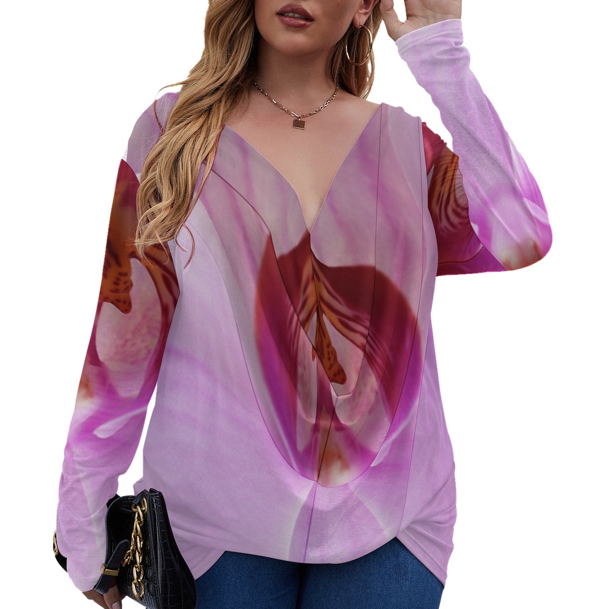 All-Over Print Women's V-neck Plus Draped Longline T-shirt With Long Sleeve (Plus Size)