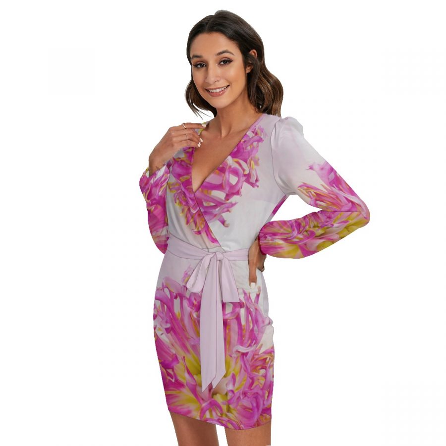 All-Over Print Women's Long Sleeve Dress With Waist Belt - Image 3