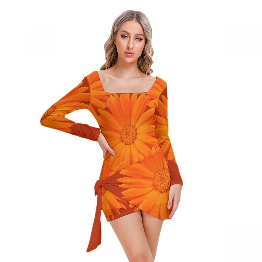 All-Over Print Women’s Square Collar Dress With Long Sleeve