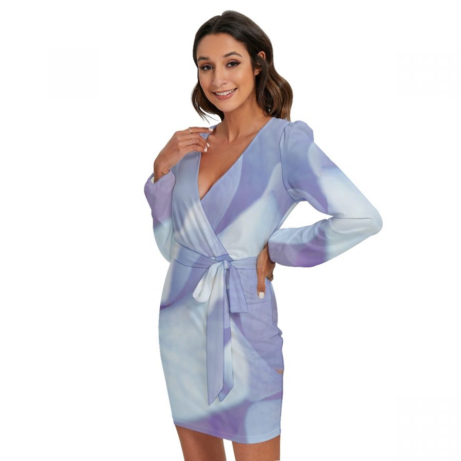 All-Over Print Women's Long Sleeve Dress With Waist Belt - Image 3