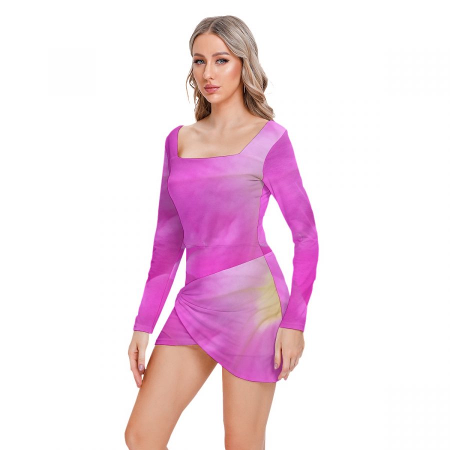 All-Over Print Women’s Square Collar Dress With Long Sleeve - Image 3