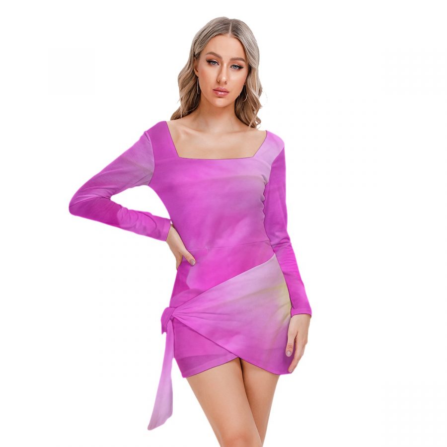 All-Over Print Women’s Square Collar Dress With Long Sleeve