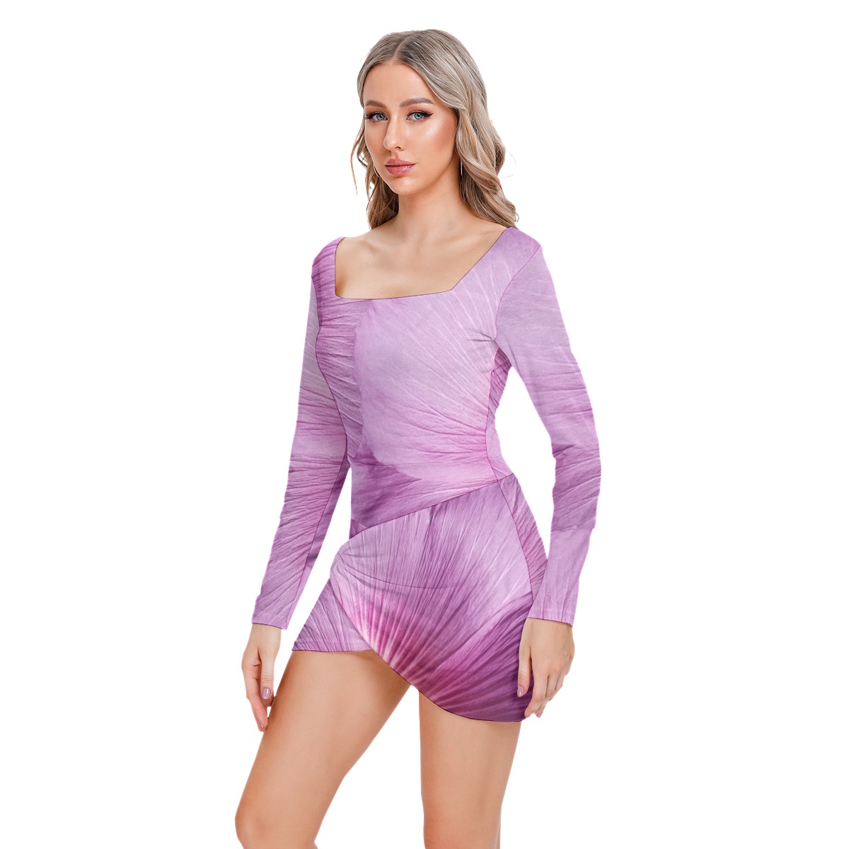 All-Over Print Women’s Square Collar Dress With Long Sleeve - Image 3