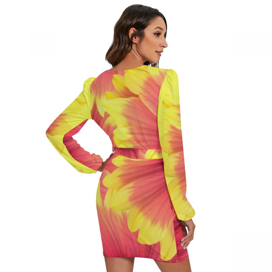 All-Over Print Women's Long Sleeve Dress With Waist Belt - Image 4