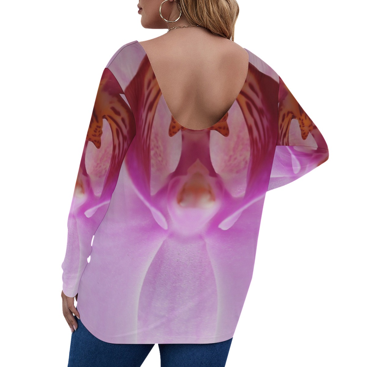 All-Over Print Women's V-neck Plus Draped Longline T-shirt With Long Sleeve (Plus Size) - Image 4