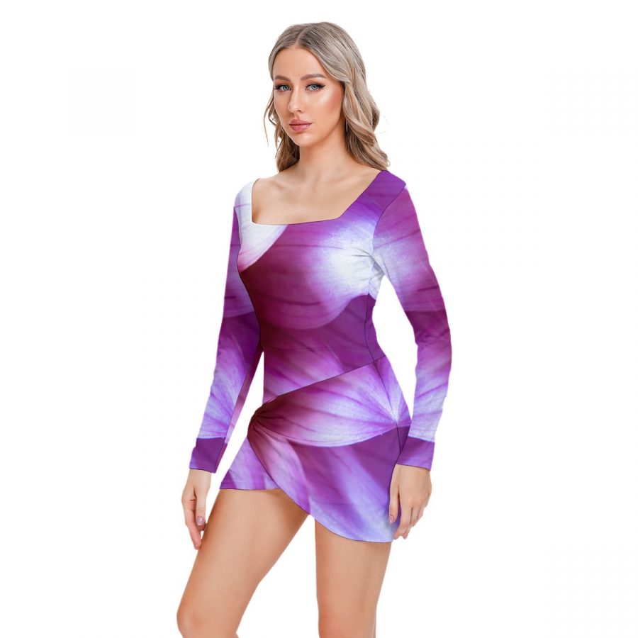 All-Over Print Women’s Square Collar Dress With Long Sleeve - Image 3
