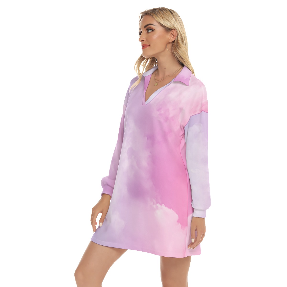 All-Over Print Women's Shallow V-Neck Drop-Shoulder Long Sleeves Blouse - Image 3