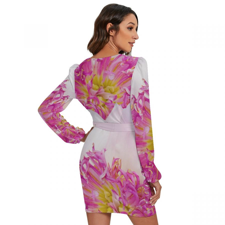 All-Over Print Women's Long Sleeve Dress With Waist Belt - Image 4