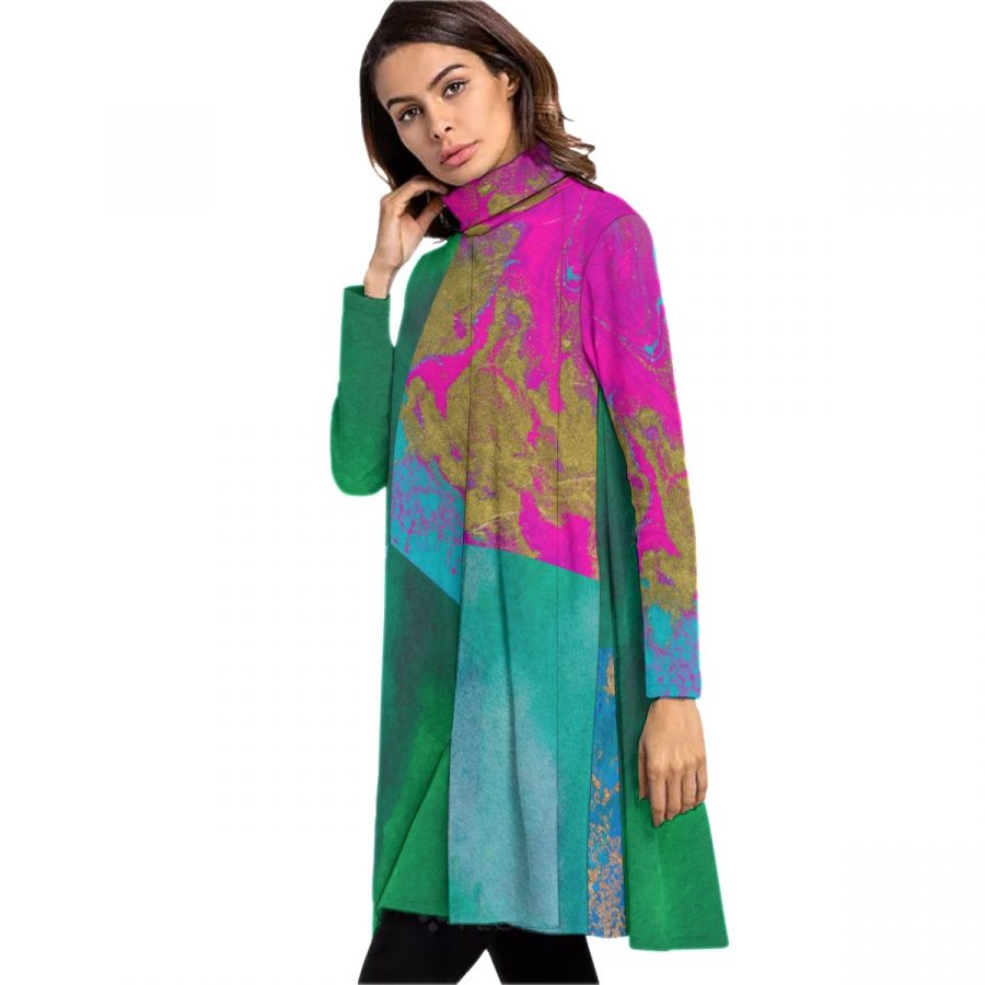 All-Over Print Women's High Neck Dress With Long Sleeve - Image 3