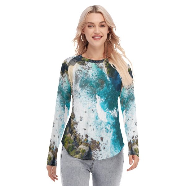 All-Over Print Women's Raglan Sleeves U-Shaped Hem Long Sleeves Blouse