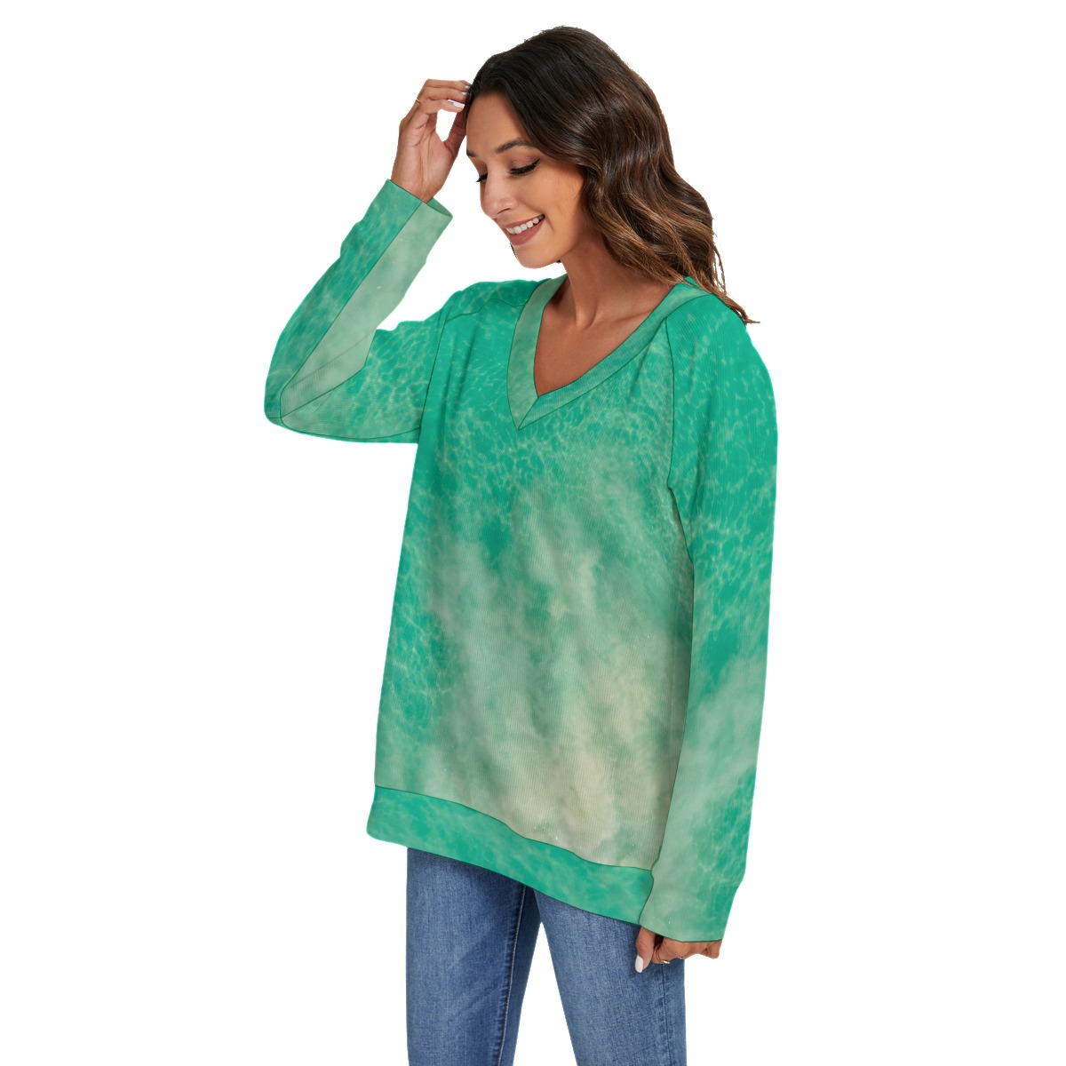 All-Over Print Women's V-neck Imitation Knitted Swteater With Long Sleeve - Image 3