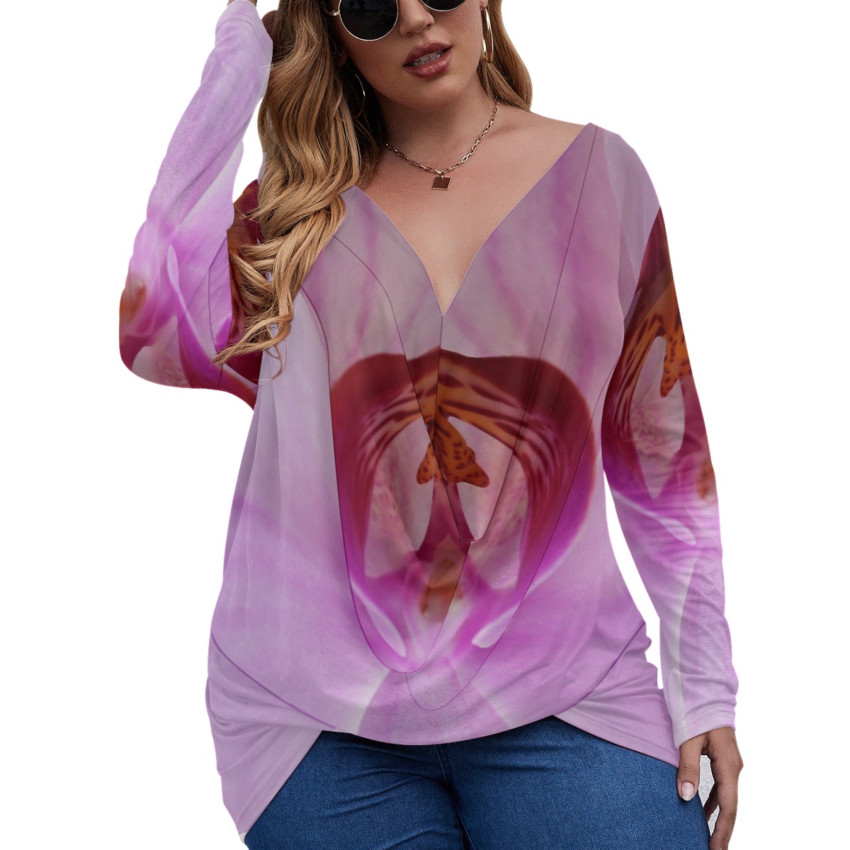 All-Over Print Women's V-neck Plus Draped Longline T-shirt With Long Sleeve (Plus Size) - Image 2