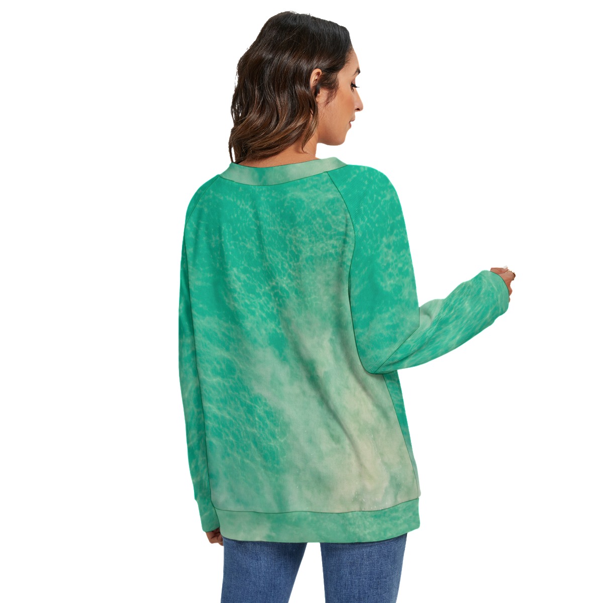 All-Over Print Women's V-neck Imitation Knitted Swteater With Long Sleeve - Image 4