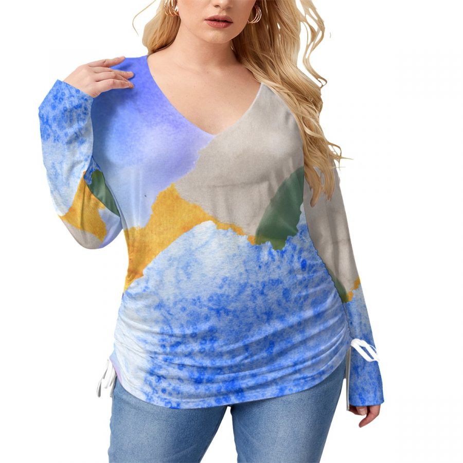 All-Over Print Women’s V-neck T-shirt With Side Drawstring(Plus Size)
