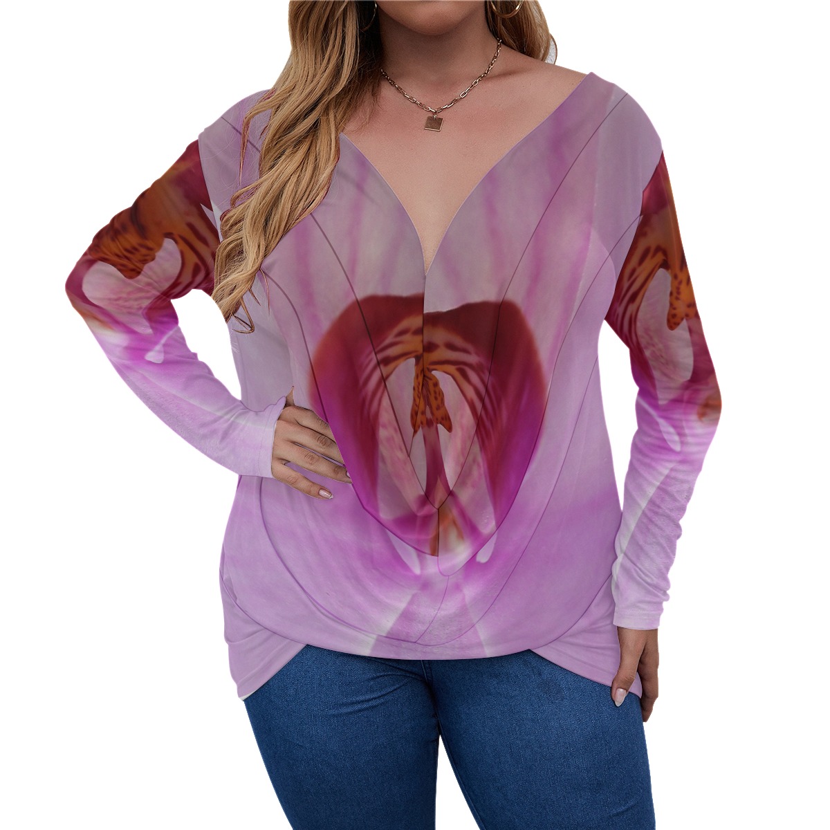 All-Over Print Women's V-neck Plus Draped Longline T-shirt With Long Sleeve (Plus Size) - Image 3