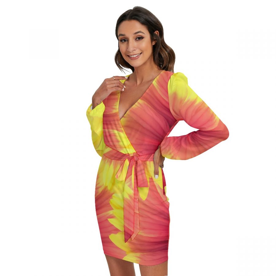All-Over Print Women's Long Sleeve Dress With Waist Belt - Image 3