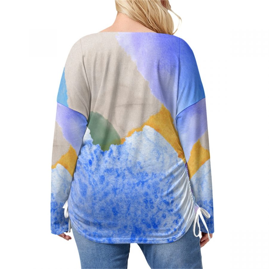 All-Over Print Women’s V-neck T-shirt With Side Drawstring(Plus Size) - Image 4