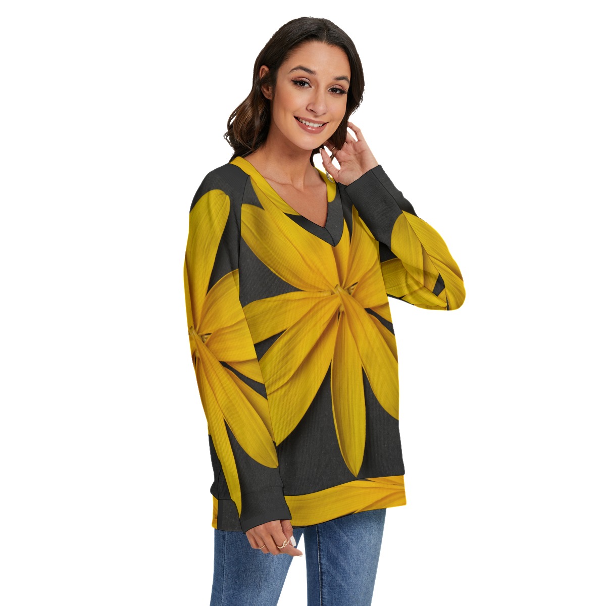 All-Over Print Women's V-neck Imitation Knitted Swteater With Long Sleeve - Image 2