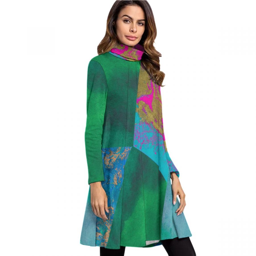 All-Over Print Women's High Neck Dress With Long Sleeve - Image 2