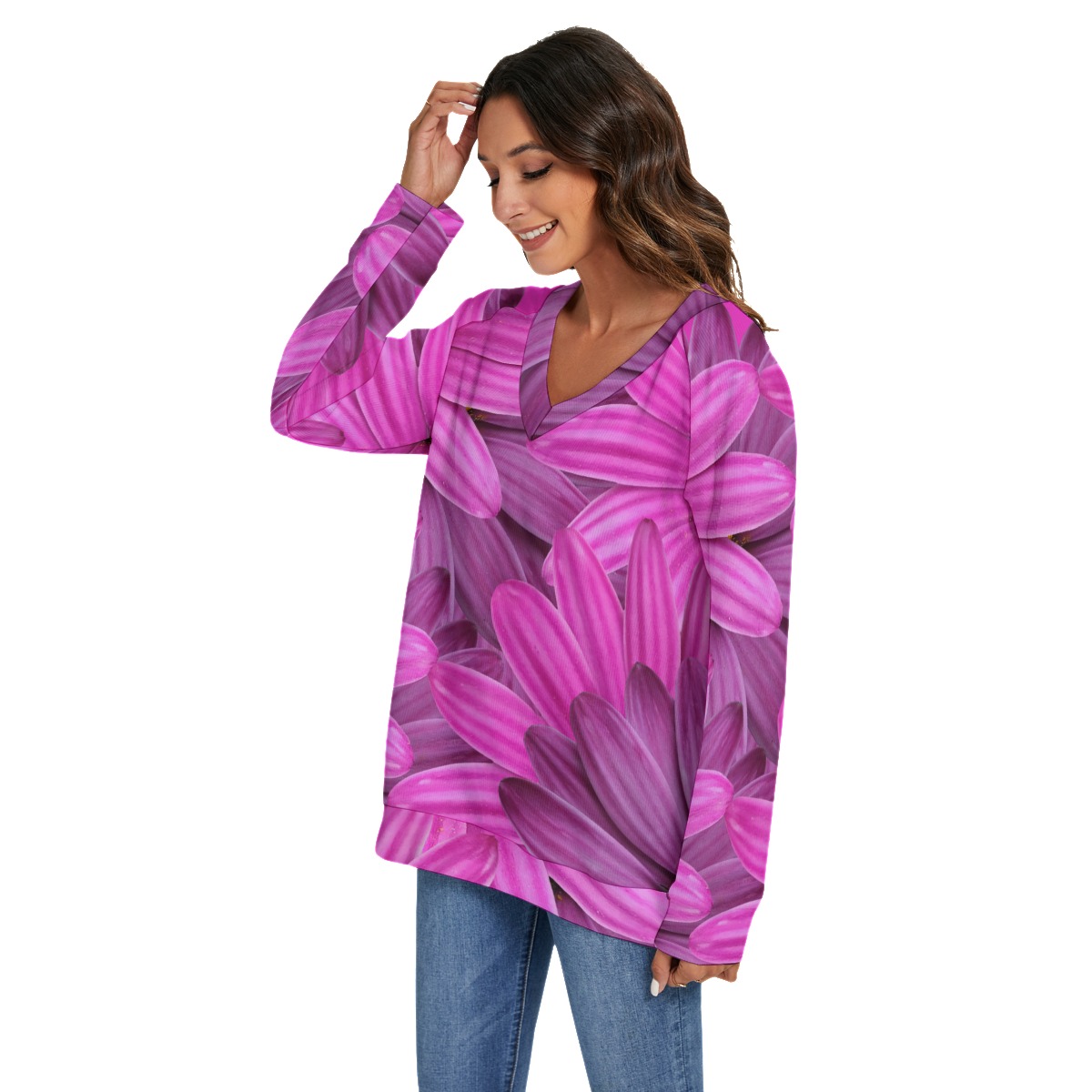All-Over Print Women's V-neck Imitation Knitted Sweater With Long Sleeve - Image 3