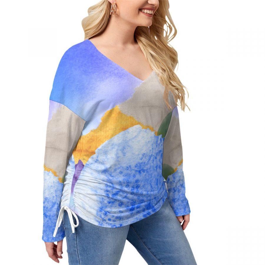 All-Over Print Women’s V-neck T-shirt With Side Drawstring(Plus Size) - Image 2