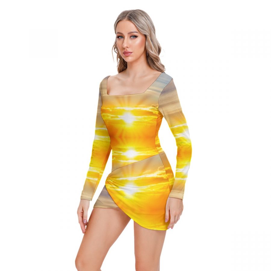 All-Over Print Women’s Square Collar Dress With Long Sleeve - Image 3