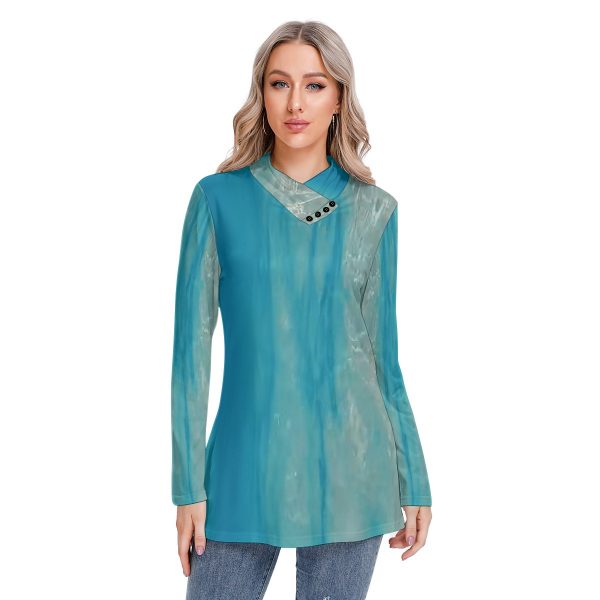 All-Over Print Women's Long-sleeved Heap-neck Slim Casual Tunic Blouse
