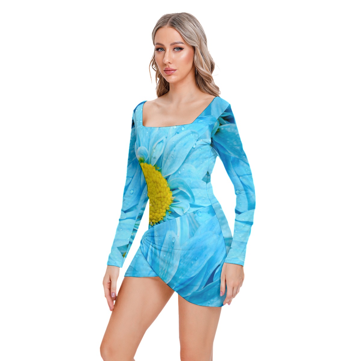 All-Over Print Women’s Square Collar Dress With Long Sleeve - Image 3