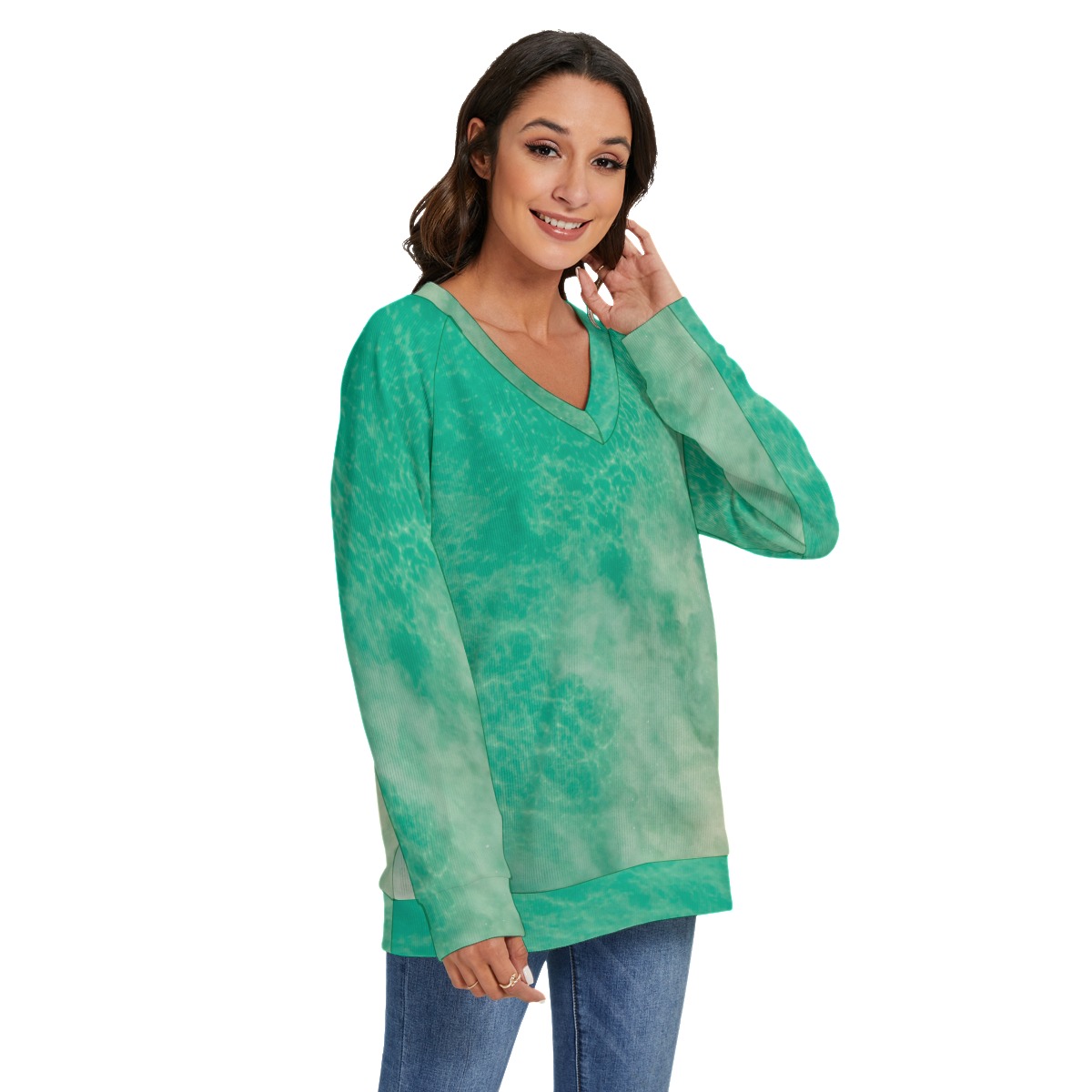All-Over Print Women's V-neck Imitation Knitted Swteater With Long Sleeve - Image 2