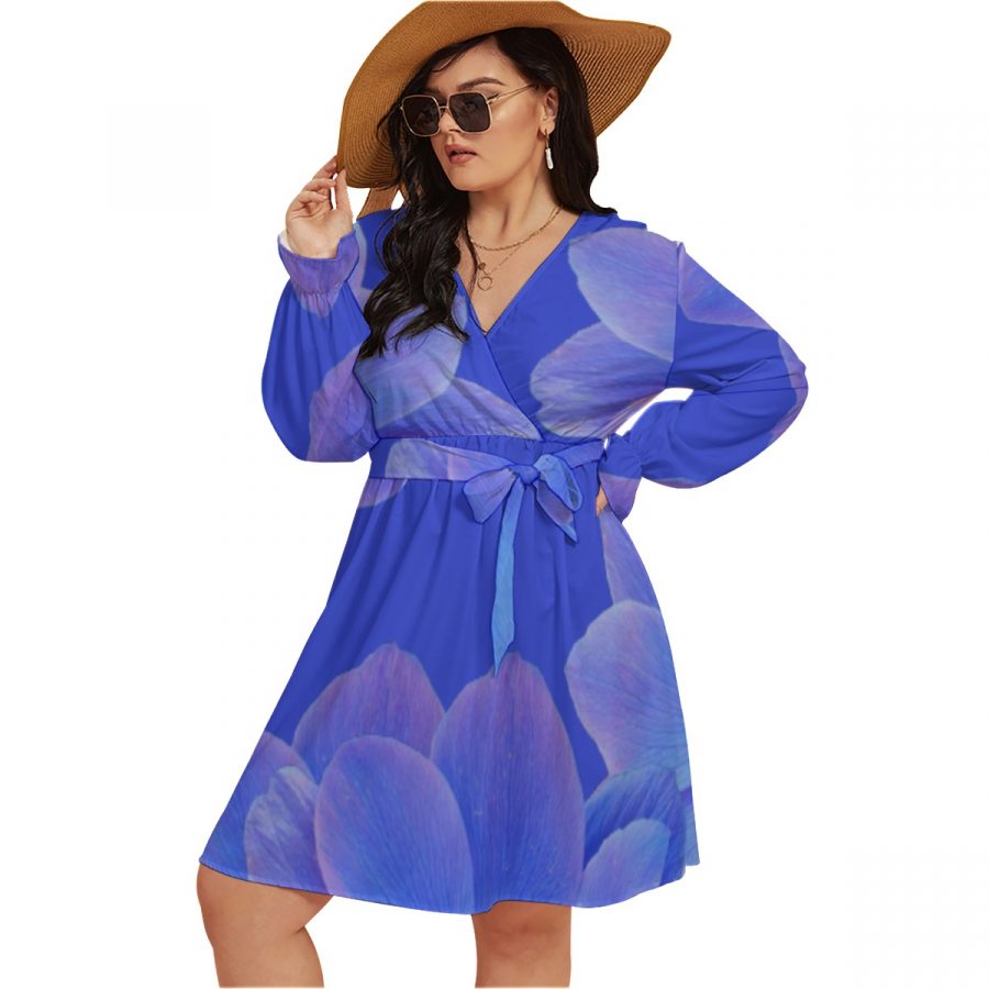 All-Over Print Women's V-neck Dress With Waistband(Plus Size) - Image 2