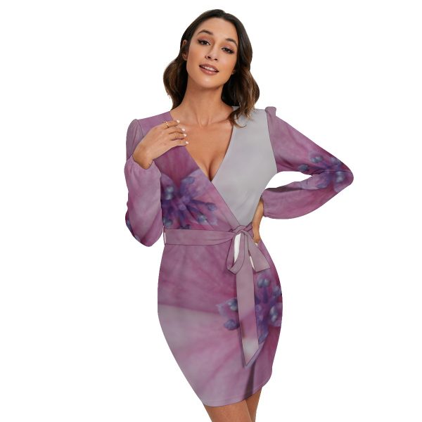 All-Over Print Women's Long Sleeve Dress With Waist Belt