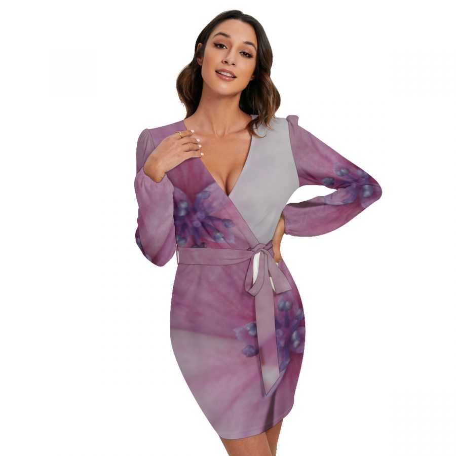 All-Over Print Women's Long Sleeve Dress With Waist Belt