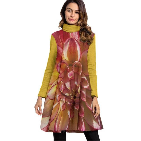 All-Over Print Women's High Neck Dress With Long Sleeve