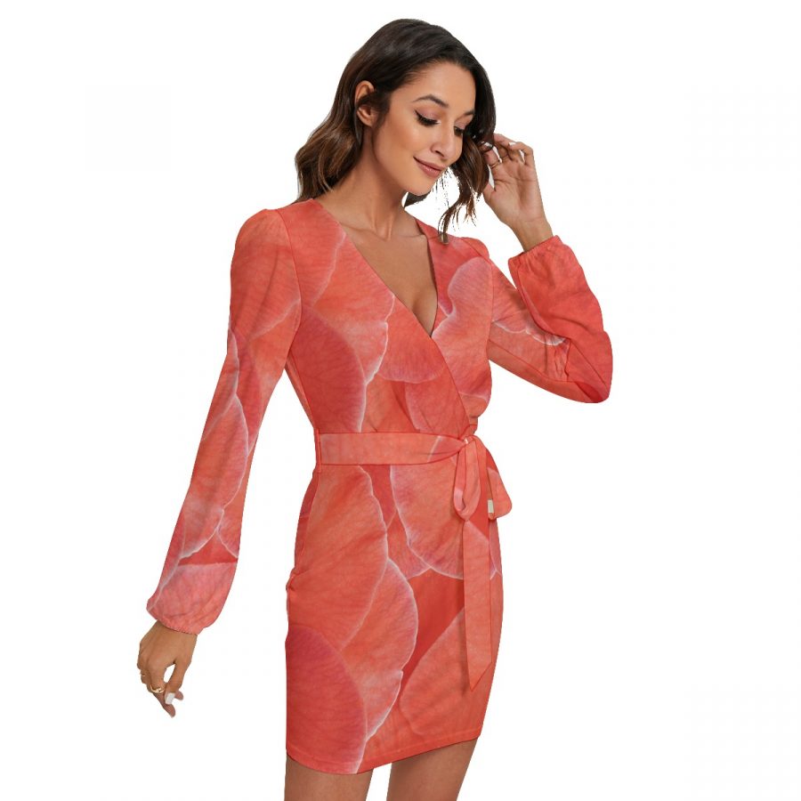 All-Over Print Women's Long Sleeve Dress With Waist Belt - Image 2