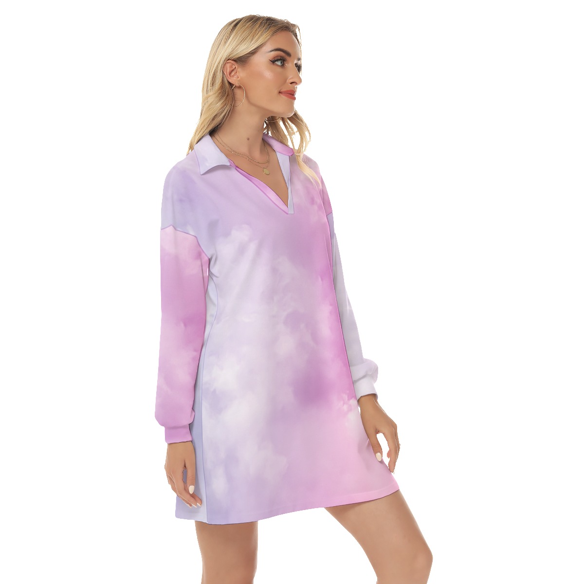 All-Over Print Women's Shallow V-Neck Drop-Shoulder Long Sleeves Blouse - Image 2