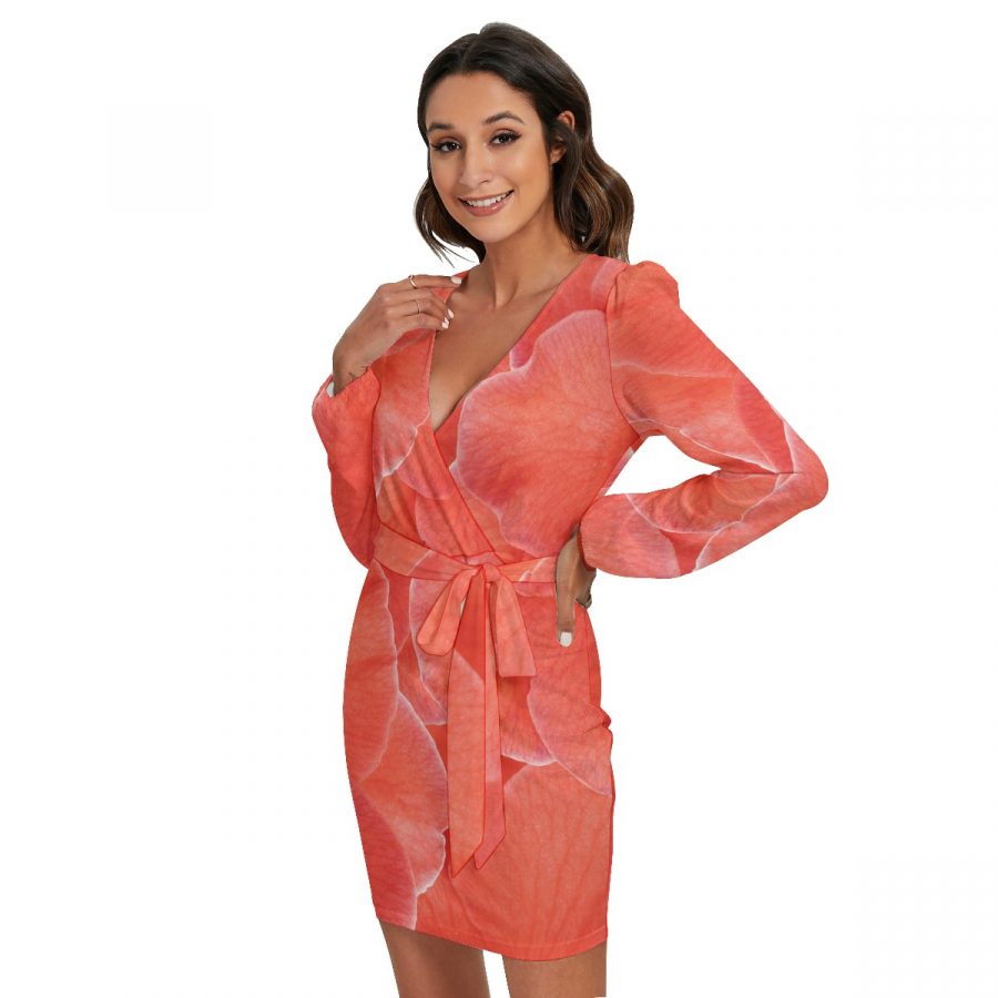 All-Over Print Women's Long Sleeve Dress With Waist Belt - Image 3