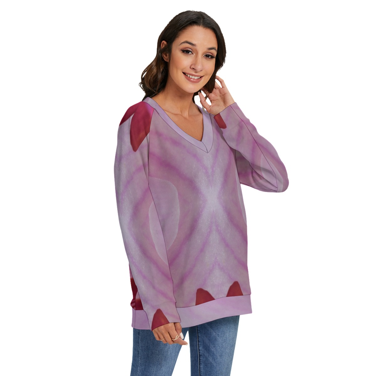 All-Over Print Women's V-neck Imitation Knitted Swteater With Long Sleeve - Image 2