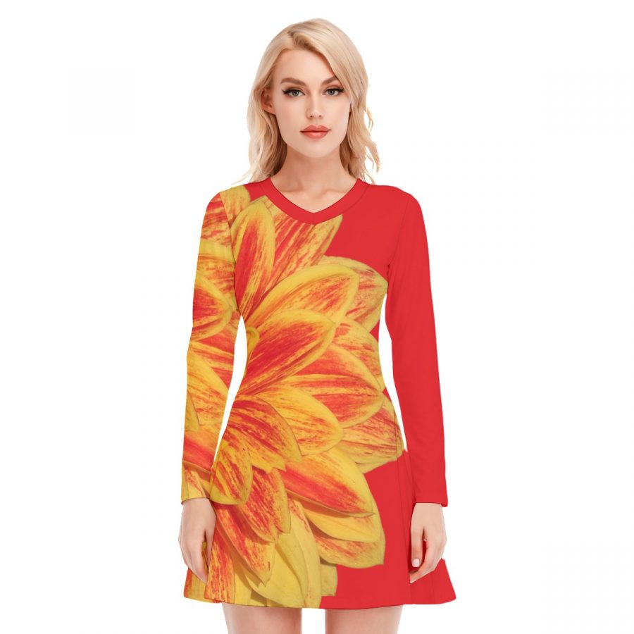 All-Over Print Women's V-neck Long Sleeve Dress