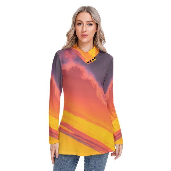All-Over Print Women's Long-sleeved Heap-neck Slim Casual Tunic Blouse