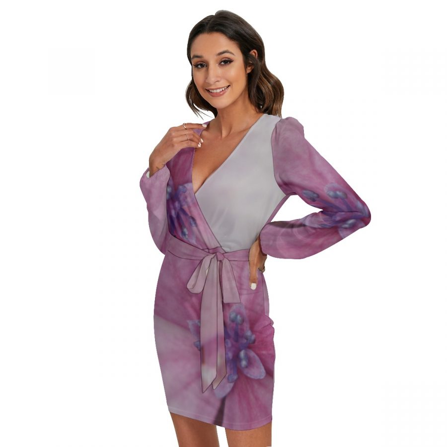 All-Over Print Women's Long Sleeve Dress With Waist Belt - Image 3