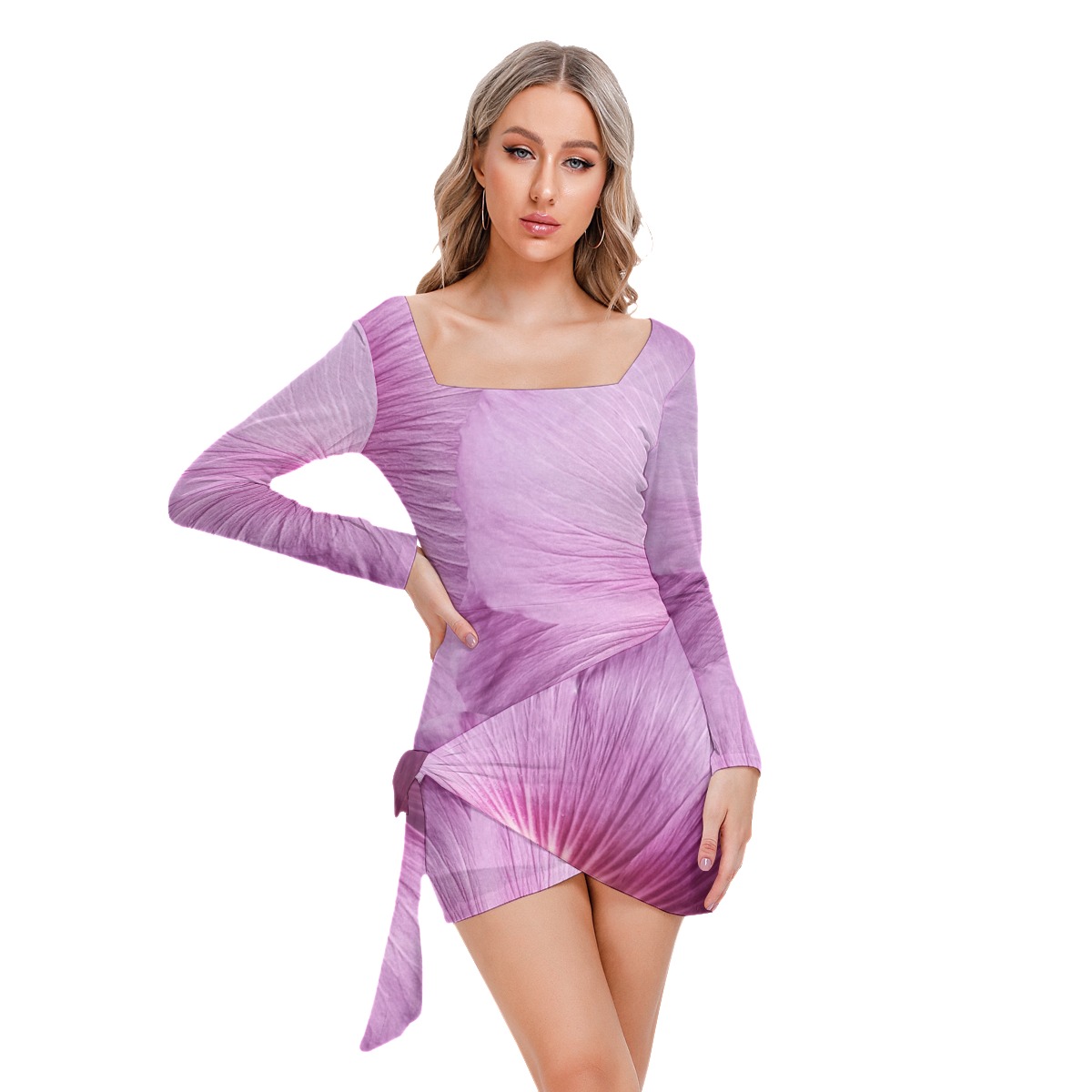 All-Over Print Women’s Square Collar Dress With Long Sleeve