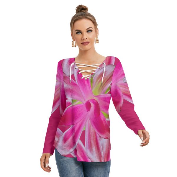 All-Over Print Women's Long Sleeve Neckline Tie Sweatshirt
