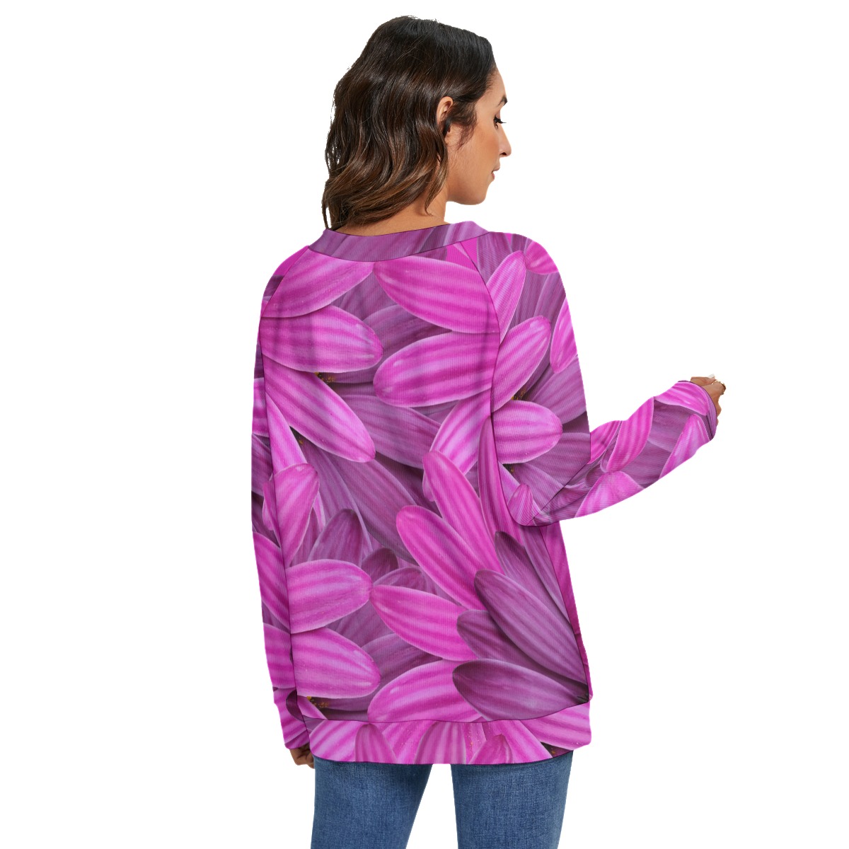 All-Over Print Women's V-neck Imitation Knitted Sweater With Long Sleeve - Image 4