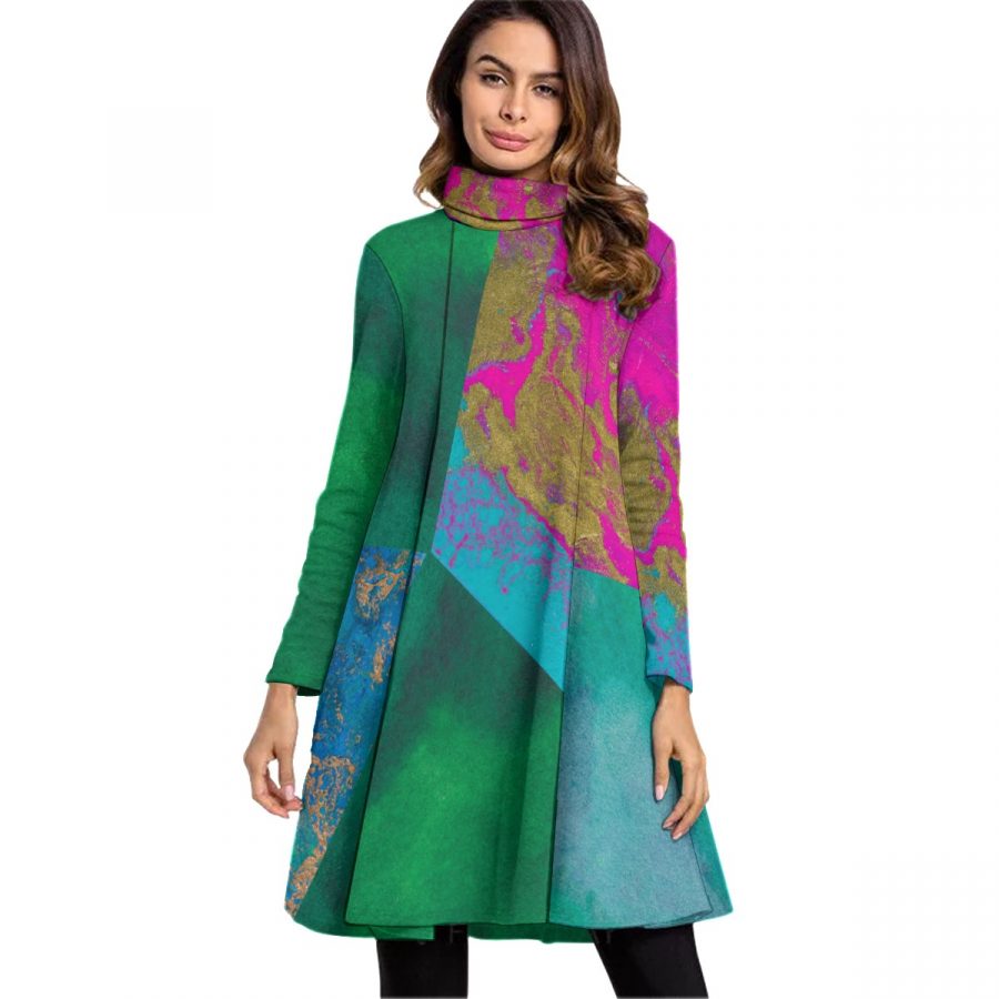 All-Over Print Women's High Neck Dress With Long Sleeve