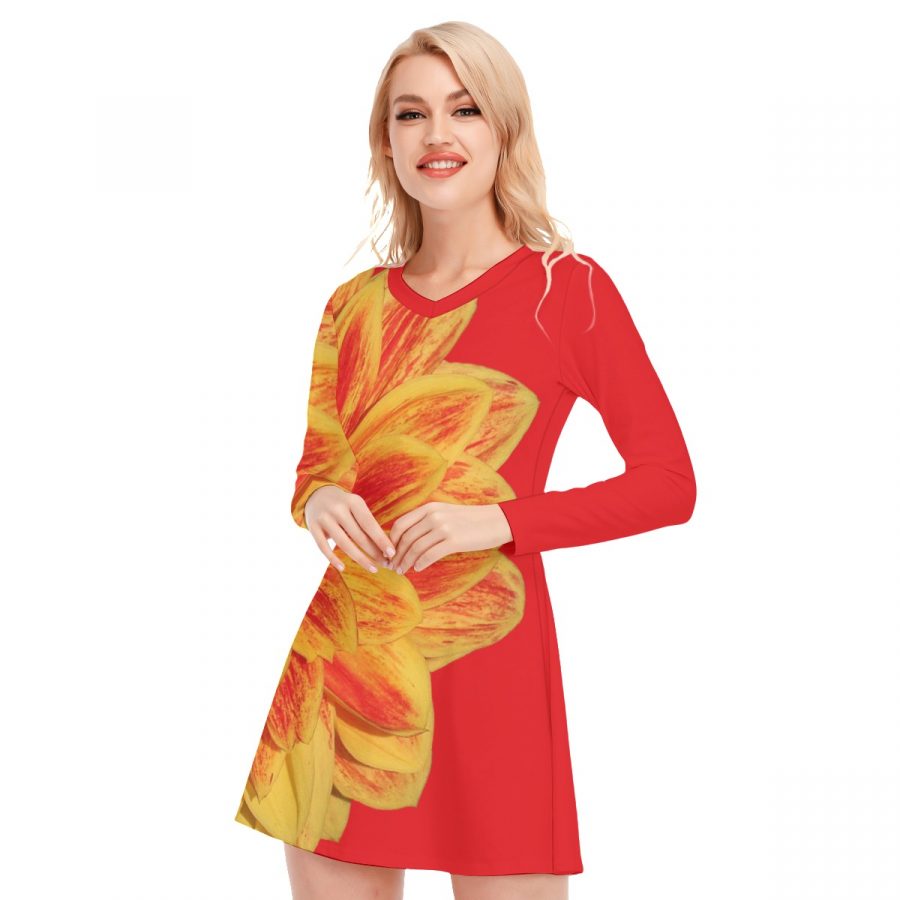All-Over Print Women's V-neck Long Sleeve Dress - Image 3