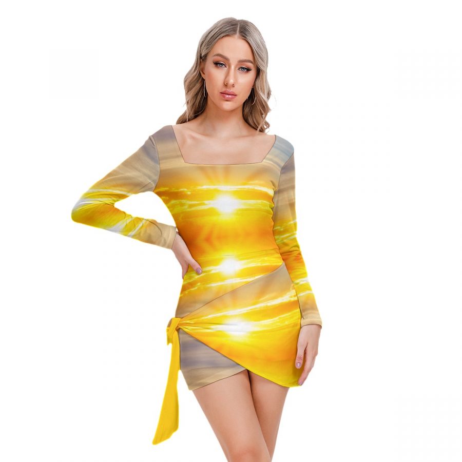 All-Over Print Women’s Square Collar Dress With Long Sleeve