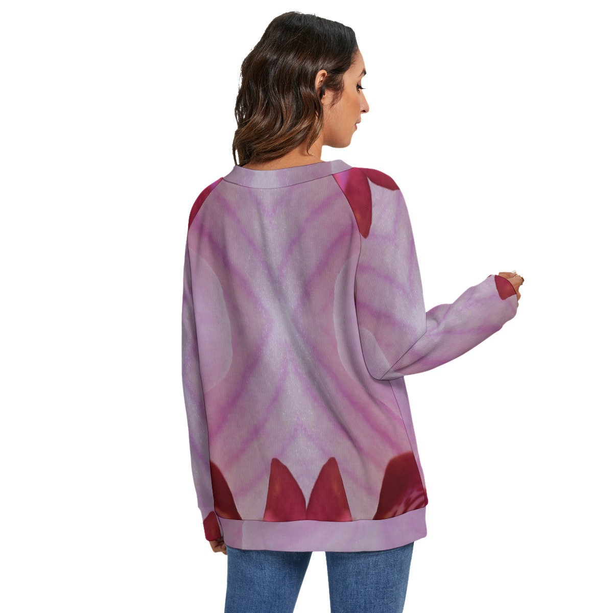 All-Over Print Women's V-neck Imitation Knitted Swteater With Long Sleeve - Image 4