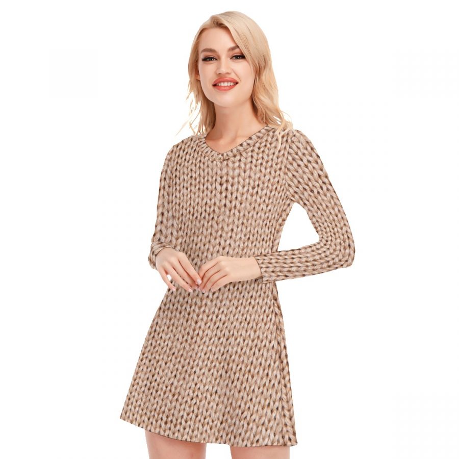 All-Over Print Women's V-neck Long Sleeve Dress - Image 3